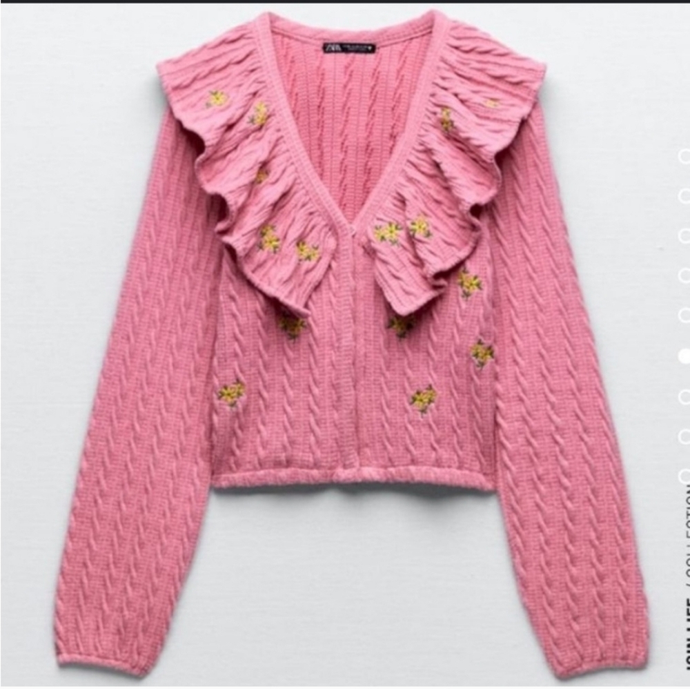 ZARA Ruffle Front Cable Knit Cropped Cardigan Pink Embroidered Floral RARE NWT
